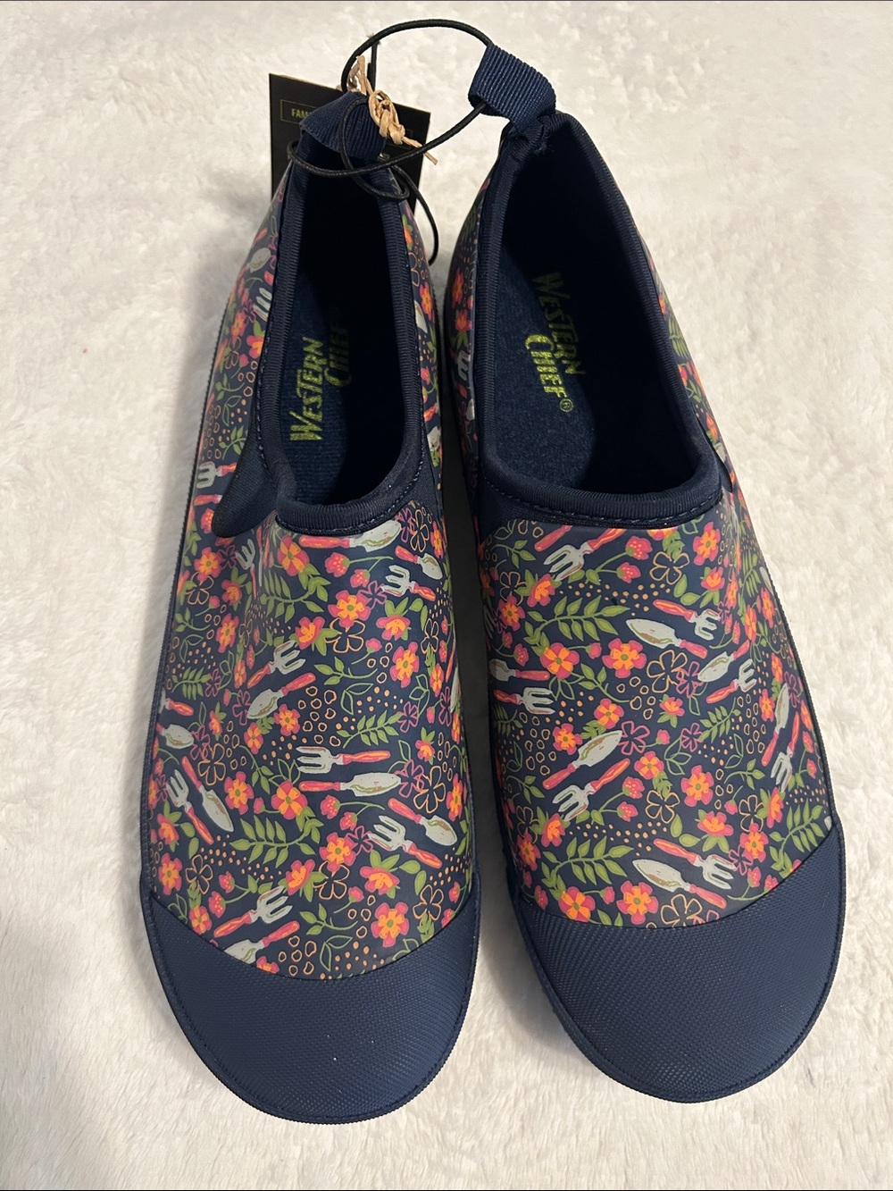 Western Chief Navy Floral & Cactus Slip-On Moccasins. Garden tools